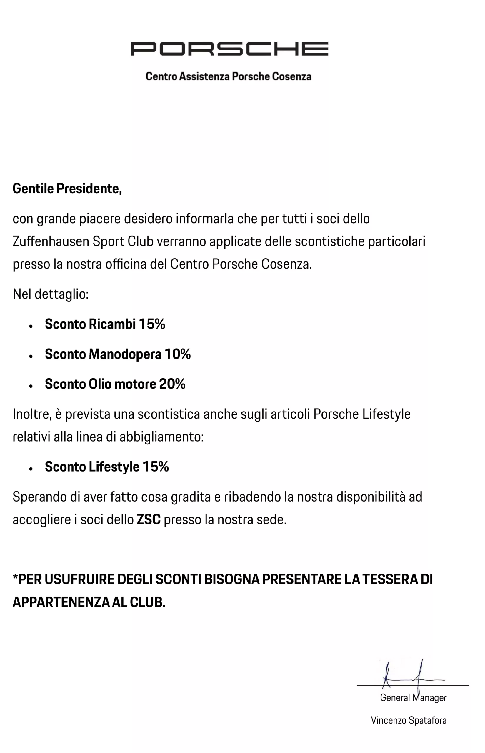 Convenzione ZSC Centro Porsche Cosenza